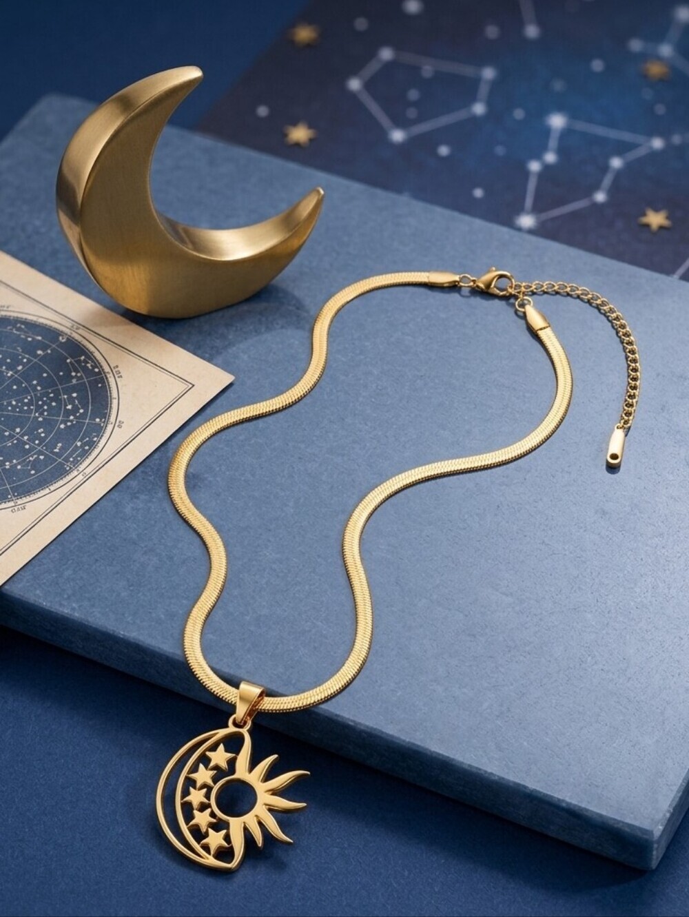 18K Gold Plated SS Openwork Celestial Sun Moon Stars Necklace Whimsigoth 15.5in